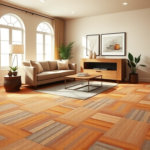 Spacious Brushy Creek living room with modern geometric carpet, soft light, stylish furniture, and serene decor.