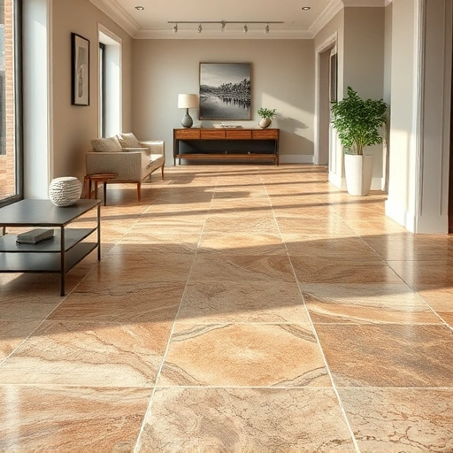 Natural stone tile flooring in earthy tones and textures, illuminated by soft lighting in a modern interior space.