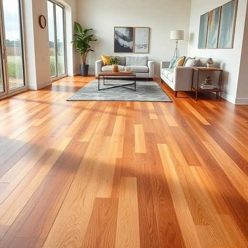 Beautifully finished hardwood floor installation in a spacious, well-lit Manor TX room with modern decor and warm tones.