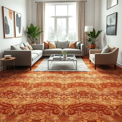 Completed carpet installation in a modern living room with warm colors, stylish furniture, and natural light.
