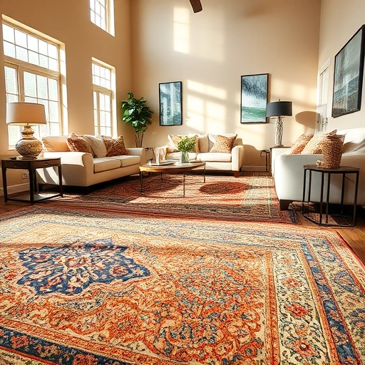 Completed carpet installation in a spacious living room featuring vibrant patterns, tasteful furniture, and natural light.
