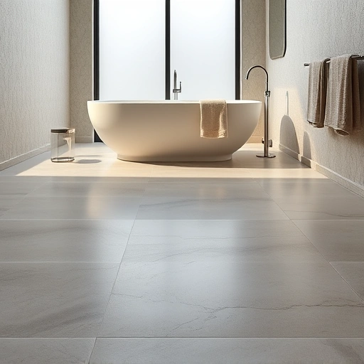 Heated bathroom floor installation in Round Rock with elegant porcelain tiles, modern fixtures, and serene ambiance.
