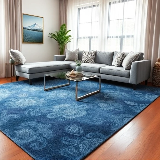 Completed carpet installation in elegant living room with deep blue floral patterns and modern furniture in The Hills TX.