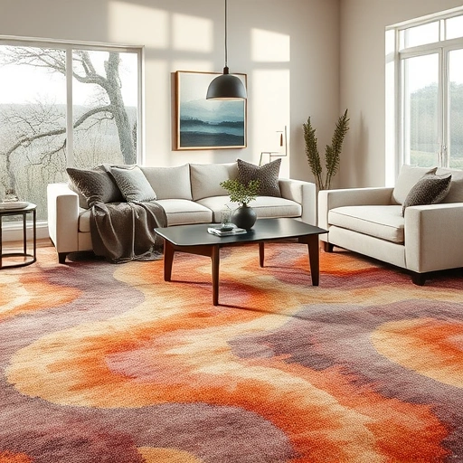 Completed carpet installation in a modern Four Points TX living room with intricate patterns and rich textures.