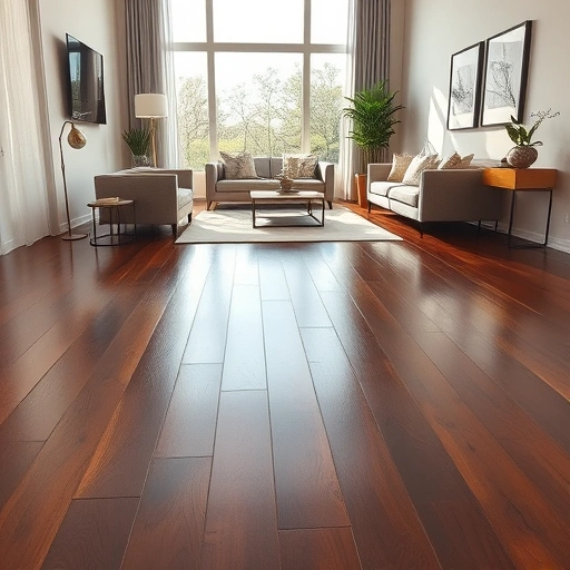 Stunning hardwood floor installation in Wells Branch TX with rich tones, modern decor, and natural light ambiance.
