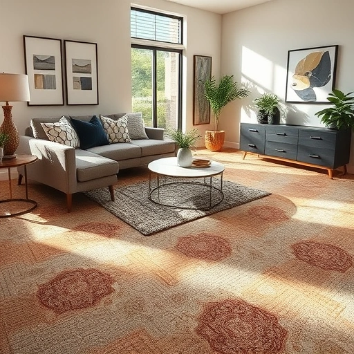 Carpet installation in a modern Buda TX living room with rich textures, warm tones, and stylish furnishings.