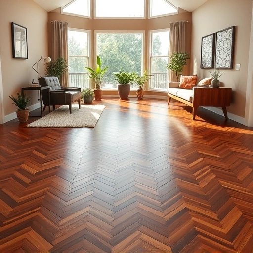 Completed hardwood flooring installation in Volente TX featuring herringbone pattern, plush rug, and elegant decor.