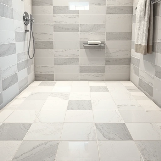 Completed shower floor tile installation in Round Rock with modern design, soft whites, earthy grays, and elegant fixtures.