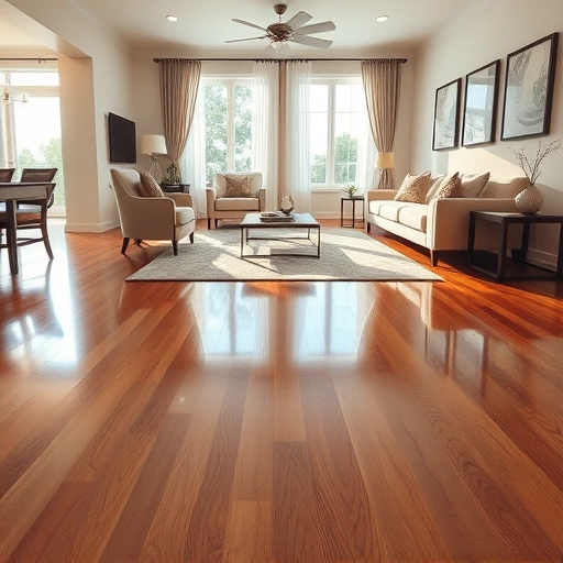 Beautifully polished hardwood floor in a spacious living room in Del Valle TX with elegant decor and natural light.