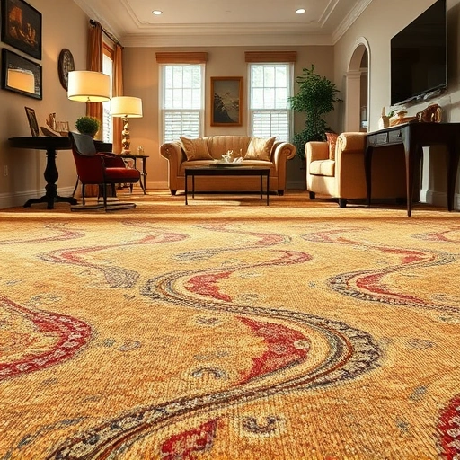 Completed carpet installation in Thrall TX featuring intricate patterns, warm colors, and elegant decor in a cozy setting.