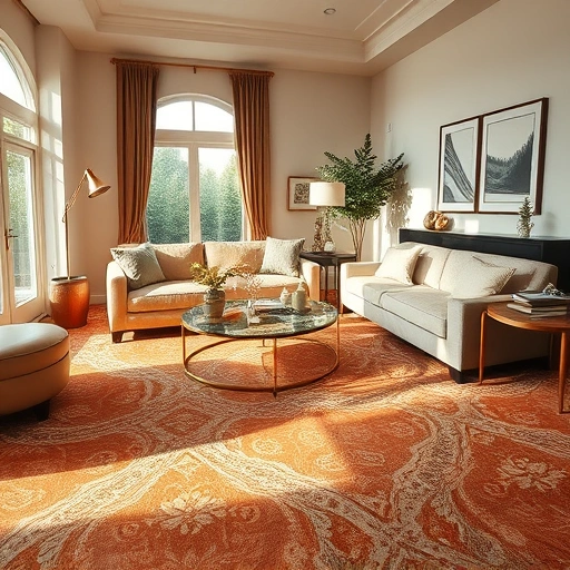 Luxurious living room in Cedar Park with intricate carpet, elegant furniture, and natural light enhancing the decor.