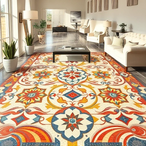 Mosaic tile flooring in Round Rock features vibrant colors and intricate geometric patterns in a minimalist setting.