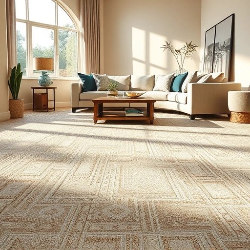 Completed carpet installation in Hornsby Bend TX featuring intricate patterns in a stylish living room with natural light.