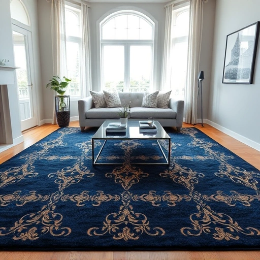 Luxurious navy blue carpet installation in a well-lit living room with gold and cream patterns and modern decor.
