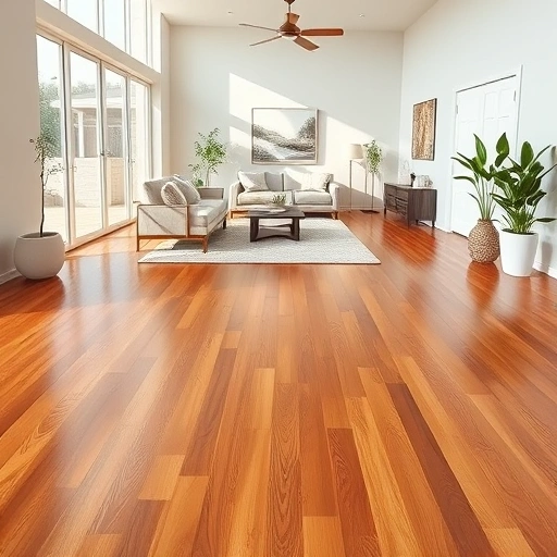 Beautiful hardwood flooring installation in a modern living room with natural light, sleek decor, and potted plants.