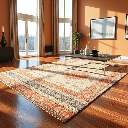 Completed carpet installation in Jollyville TX showcasing vibrant patterns on polished hardwood floor with natural light.