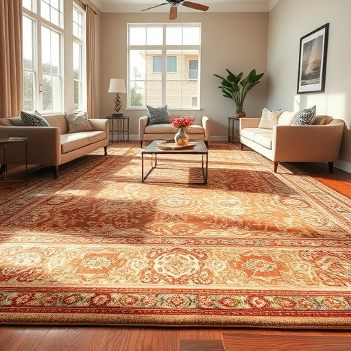 Completed carpet installation in Volente TX with intricate patterns, vibrant colors, and elegant furniture accents.