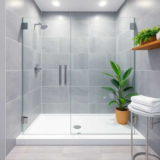Modern bathroom featuring a pristine shower pan replacement with gray tiles, chrome fixtures, and lush greenery.