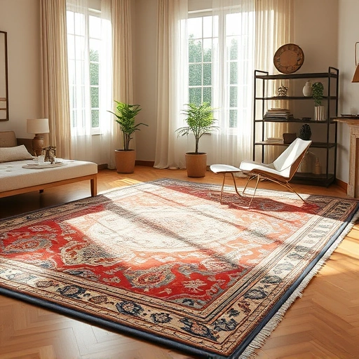 Completed carpet in Buda TX with intricate patterns in a stylish room featuring wooden floors and natural light.