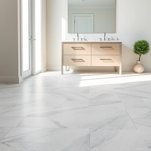 Completed bathroom flooring installation in Round Rock featuring light gray and white patterned tiles and elegant decor.