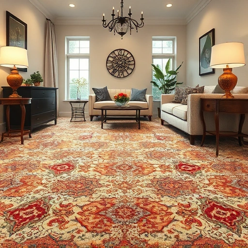 Completed carpet installation in a stylish Hutto TX living room, showcasing vibrant patterns and meticulous craftsmanship.