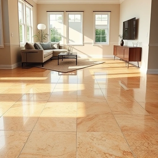 Modern living room with perfect tile floor installation showcasing warm earth tones and minimalistic furniture.