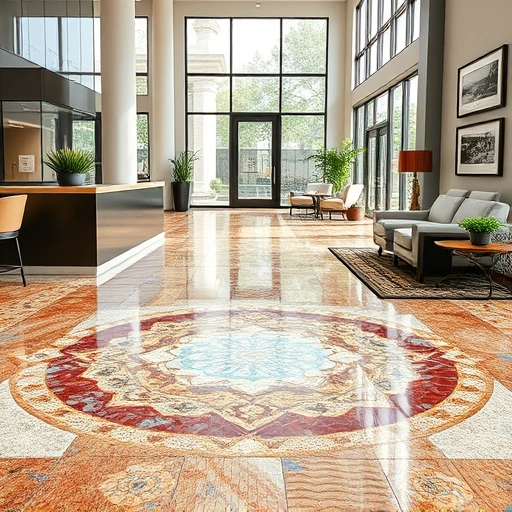 Mosaic tile flooring in a well-lit lobby showcases intricate patterns and vibrant colors with elegant furnishings.