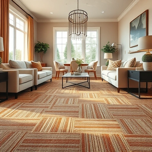 Carpet installation in Liberty Hill TX showcasing modern geometric pattern and warm earth tones in a stylish living room.