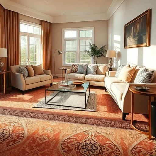 Luxurious living room with intricate carpet patterns, elegant decor, and soft natural light creating a warm ambiance.