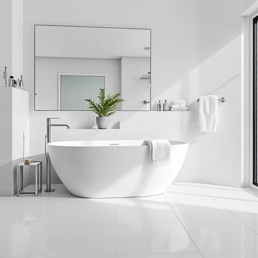 Flawless grout repair in a modern bathroom with white tiles, gray grout, freestanding tub, and elegant decor.