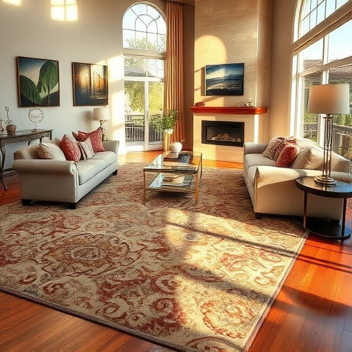Luxurious living room with intricate carpet installation, elegant furniture, warm light, and modern fireplace in Cedar Park.
