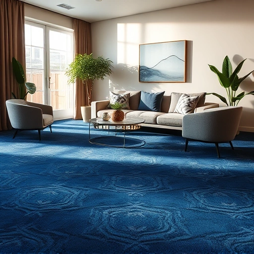 Luxurious living room in Four Points TX with deep blue carpet, modern furnishings, and natural light creating elegance.