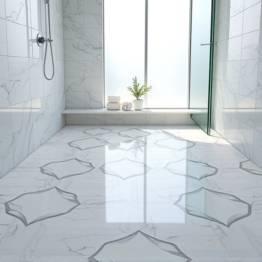 Shower floor tile installation in Round Rock with intricate patterns and a glossy finish in a luxurious bathroom setting.