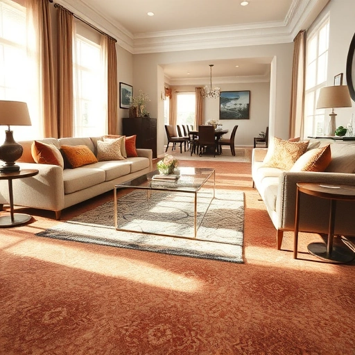 Luxurious living room in Windemere TX with intricate carpet patterns and elegant furniture in soft natural light.