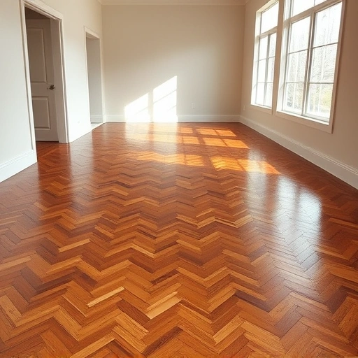 Spacious room with polished herringbone hardwood floors in deep browns and golds under soft lighting and natural light.