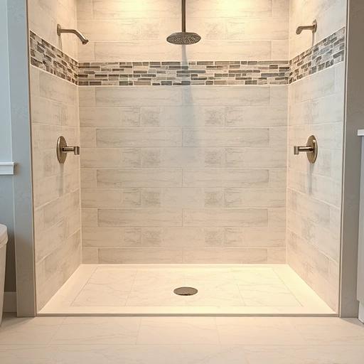 Completed shower pan installation in Round Rock with elegant tiles, modern fixtures, and a clean minimalist bathroom design.