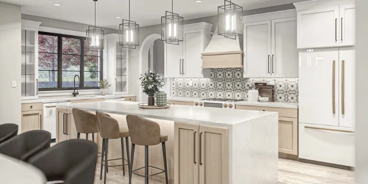 A well illuminated kitchen island with a fixed distance between the lighting and the kitchen island