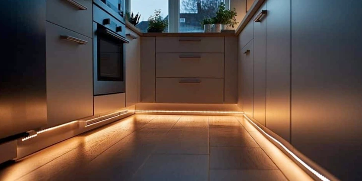 Toe-kick lighting applied on gallery kitchen