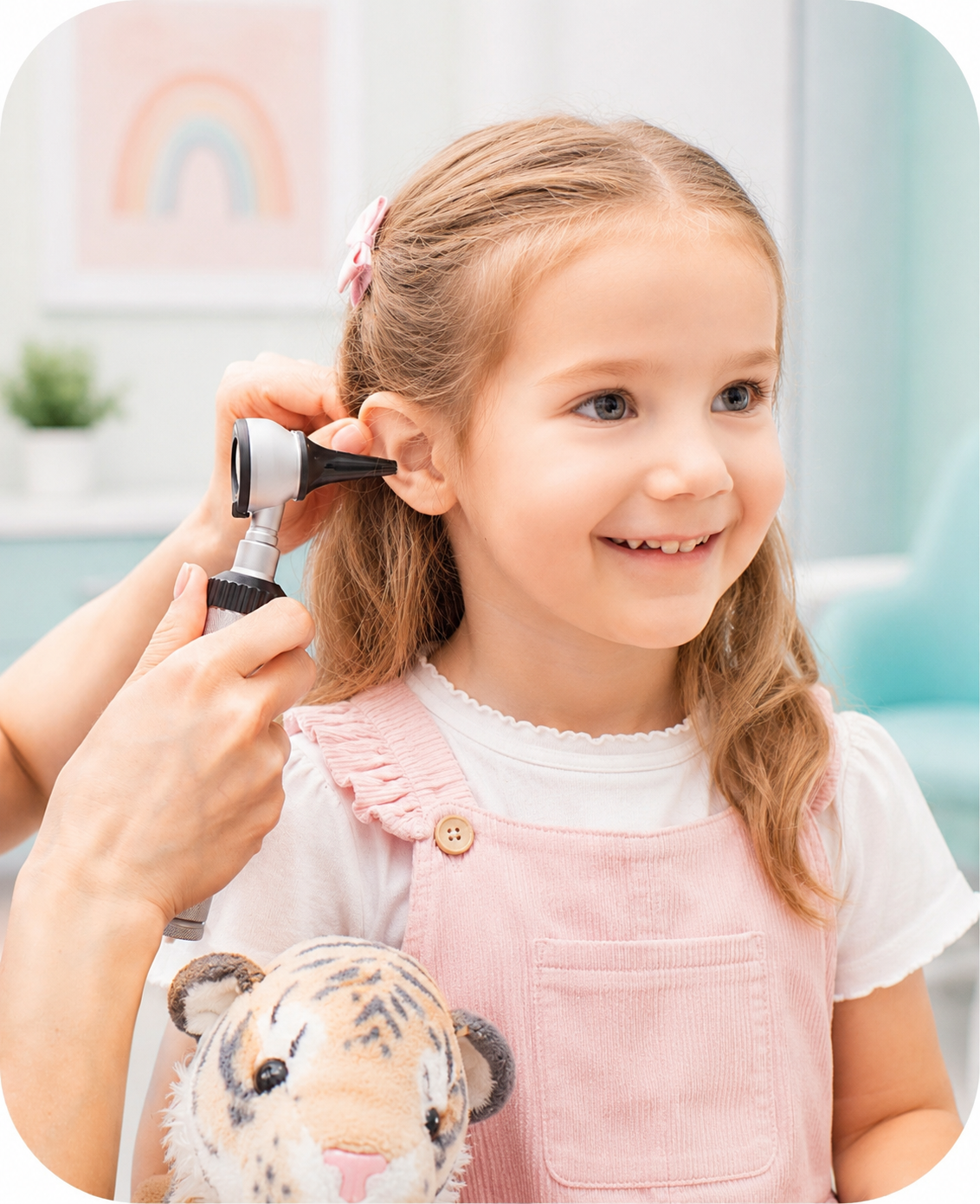 Smiling child receiving a gentle pediatric ENT ear exam during an awake ear tubes consultation in Los Angeles.