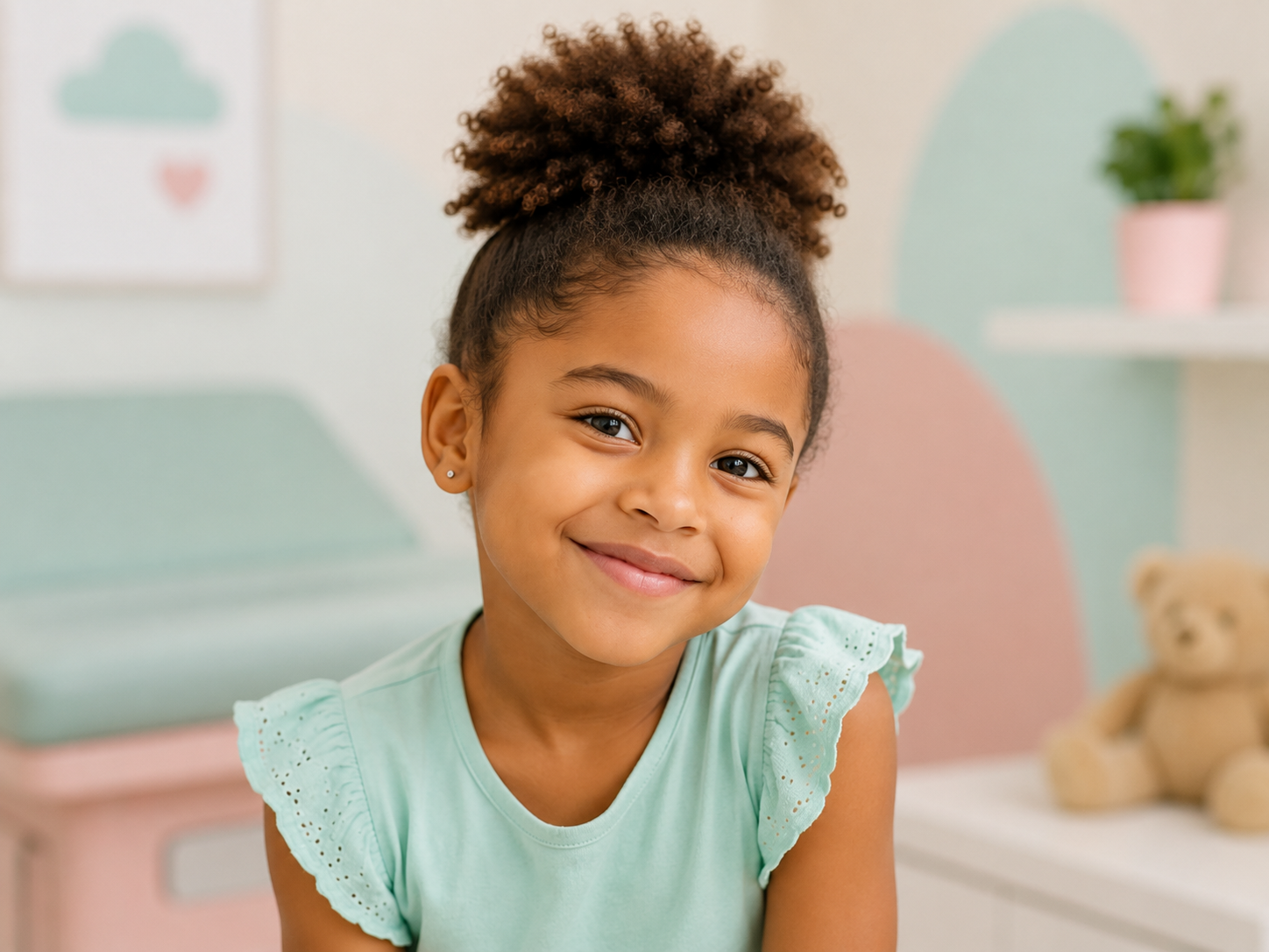 Young girl in a pediatric doctor’s office, representing chronic ear fluid in children and chronic infection concerns.