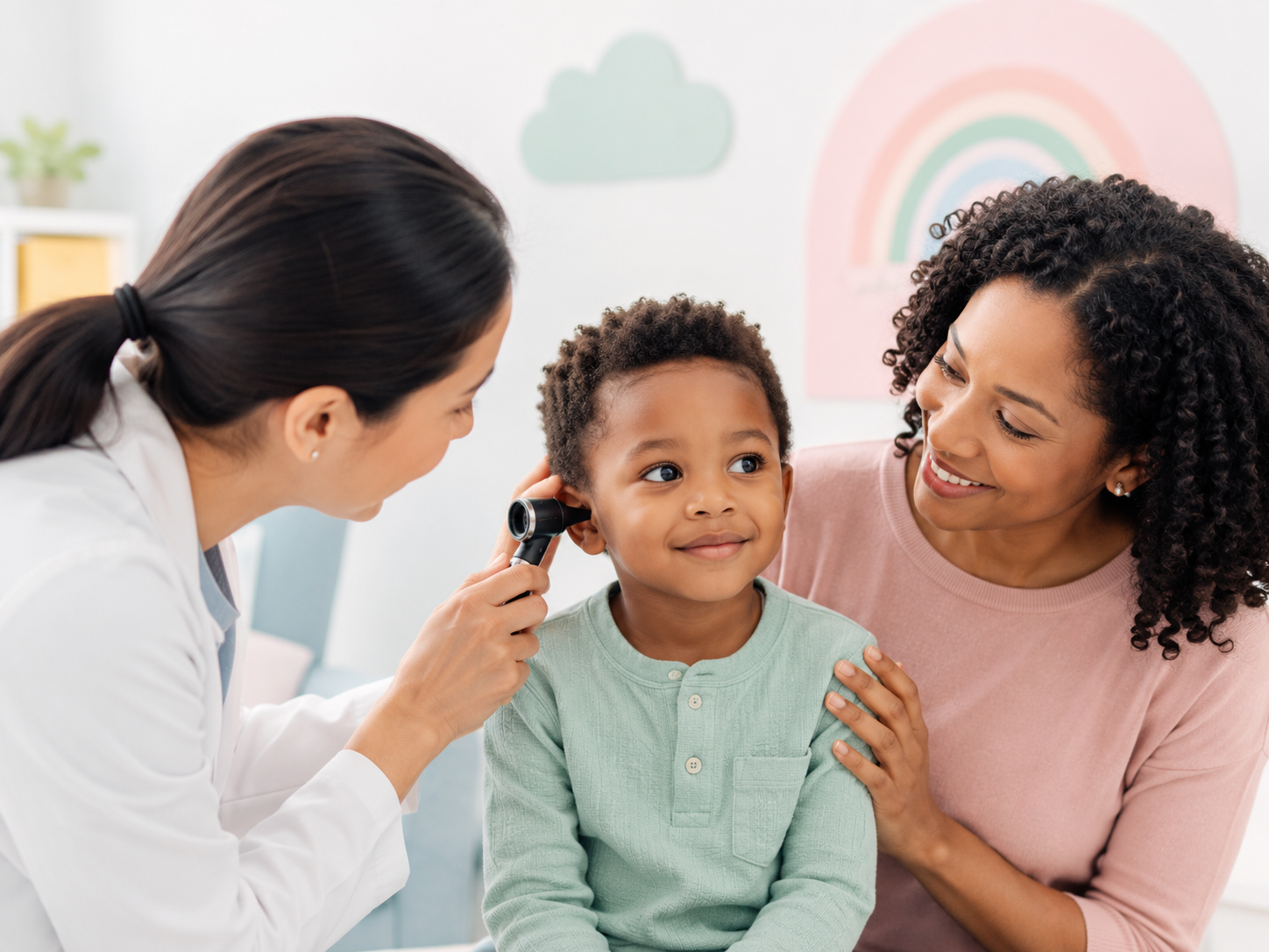 Smiling child receiving a gentle ear exam for chronic infection and chronic ear fluid in children.