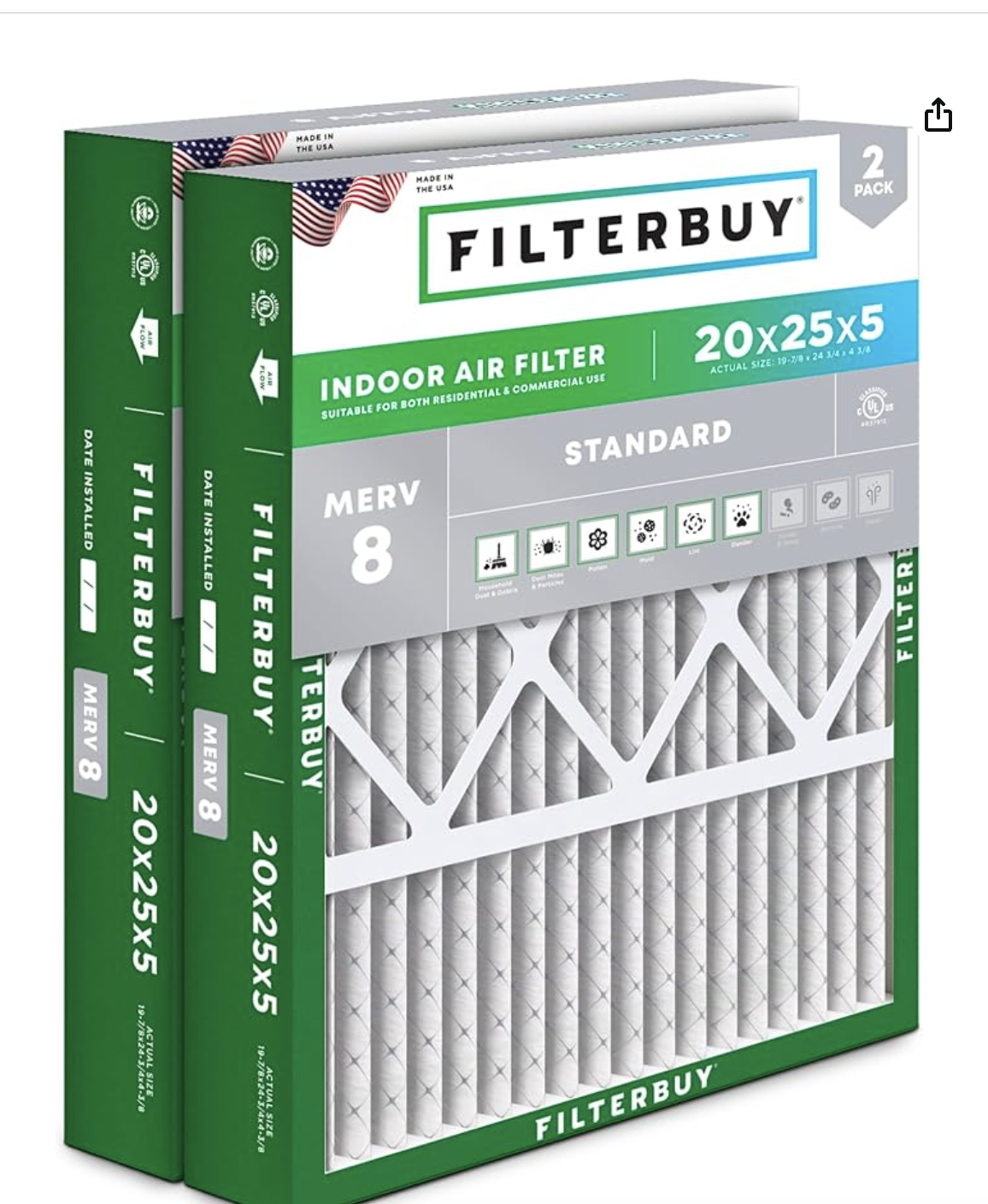 FilterBuy 20x25x5 MERV 8 Air Filter 2-Pack