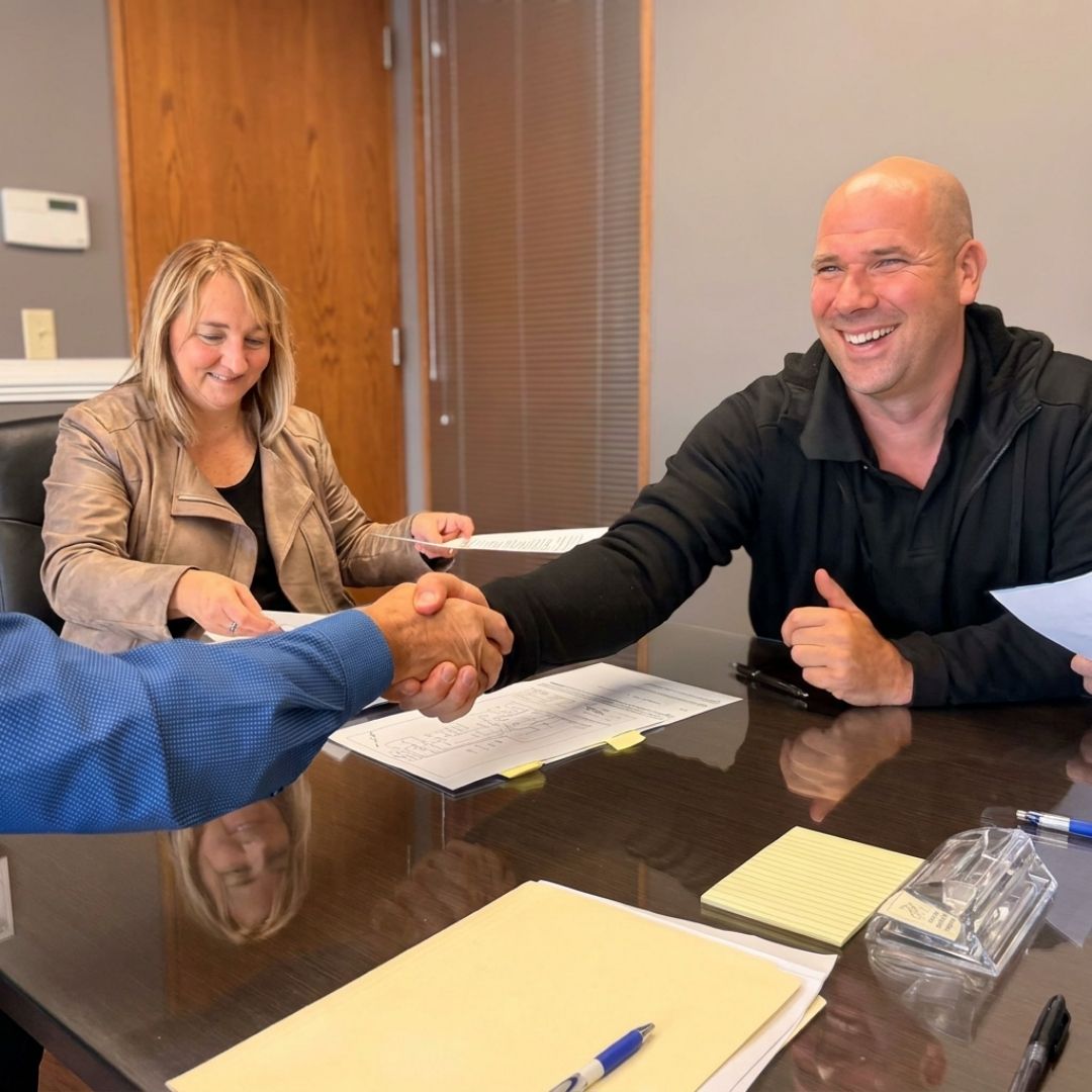 Signature d’une entente immobilière avec poignée de main chez Julie Boucher, notaire à Drummondville, avec Gestion TB.