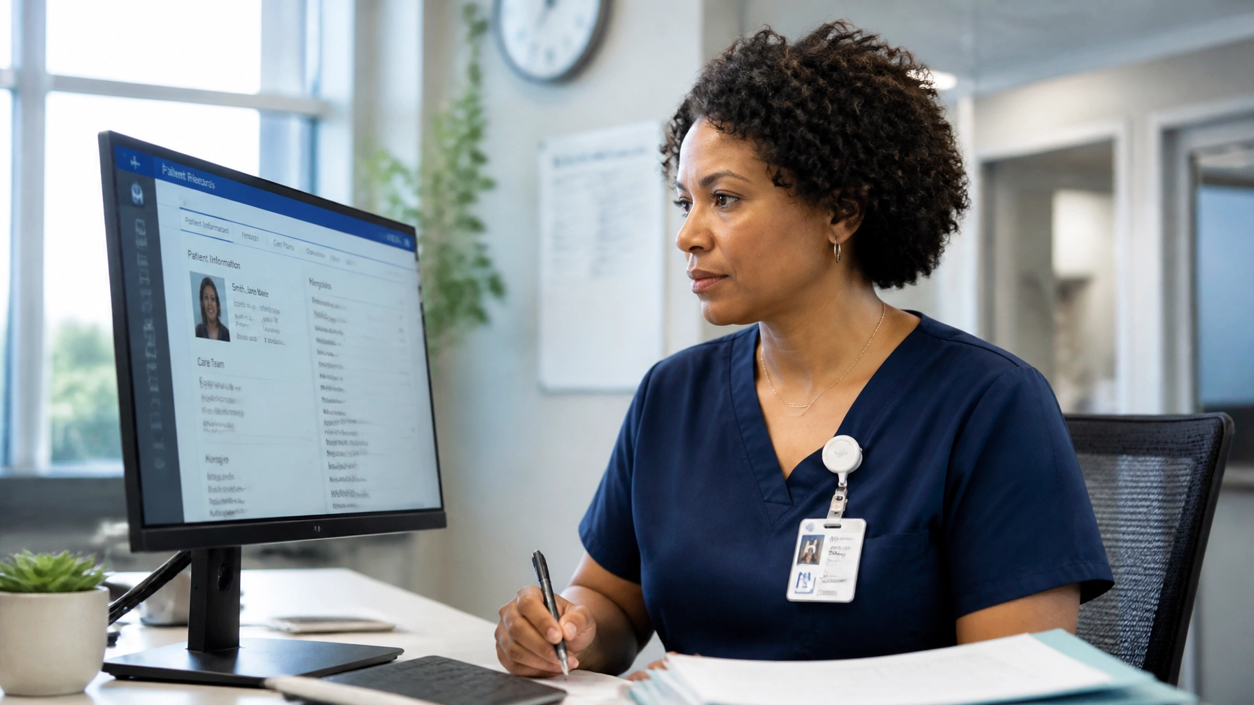 Professional healthcare photography of a utilization review nurse reviewing digital patient records on a computer in a clean, contemporary medical facility
