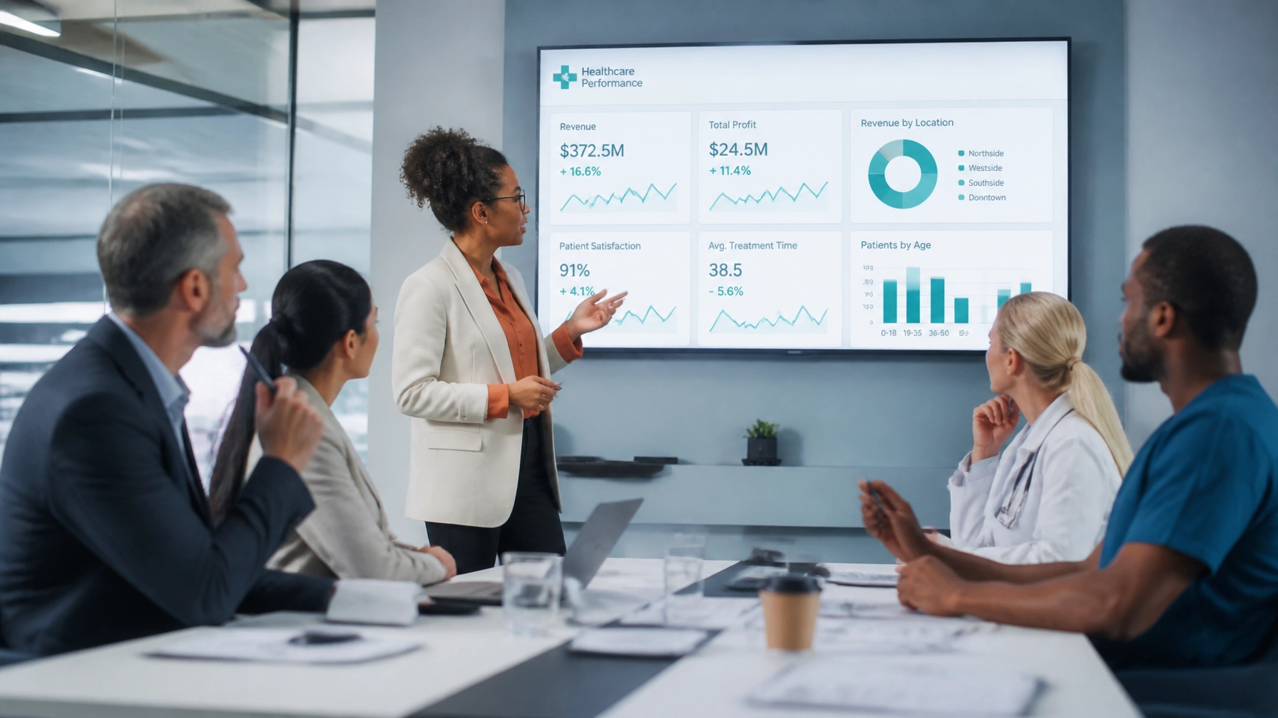 Professional business and healthcare consulting meeting, diverse professionals reviewing analytics on a screen