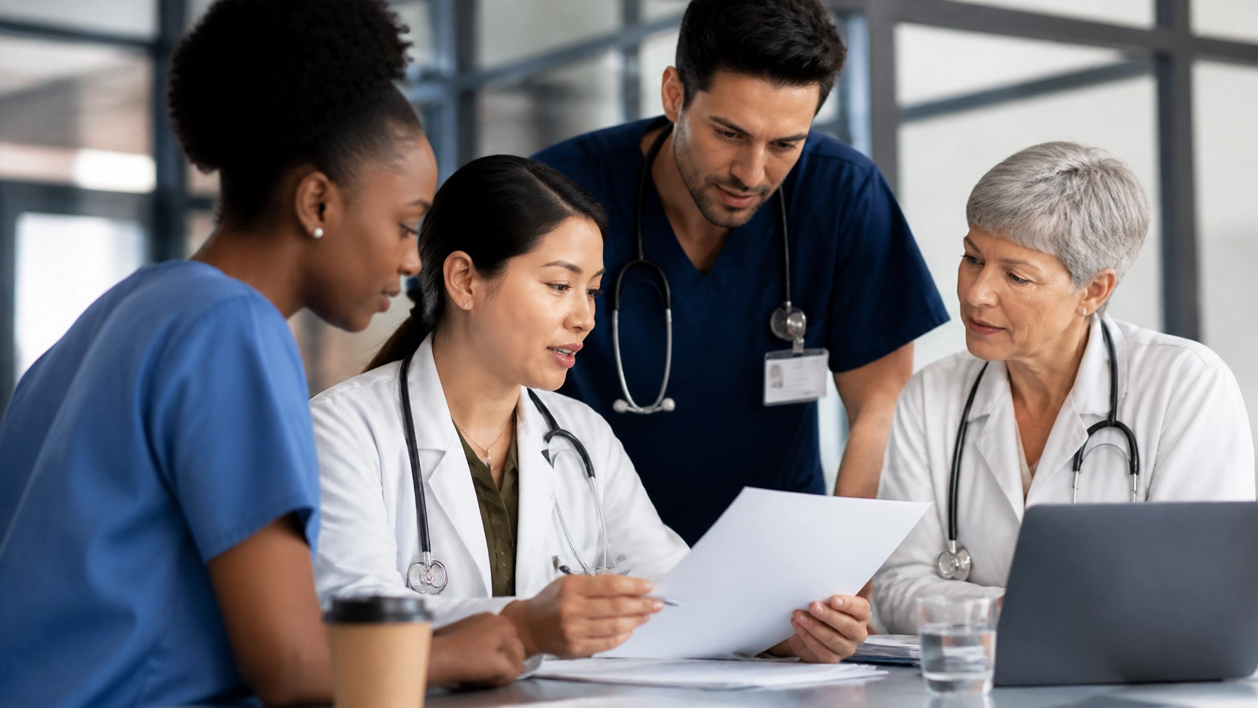 Professional healthcare photography of a diverse medical team collaborating in a modern hospital office