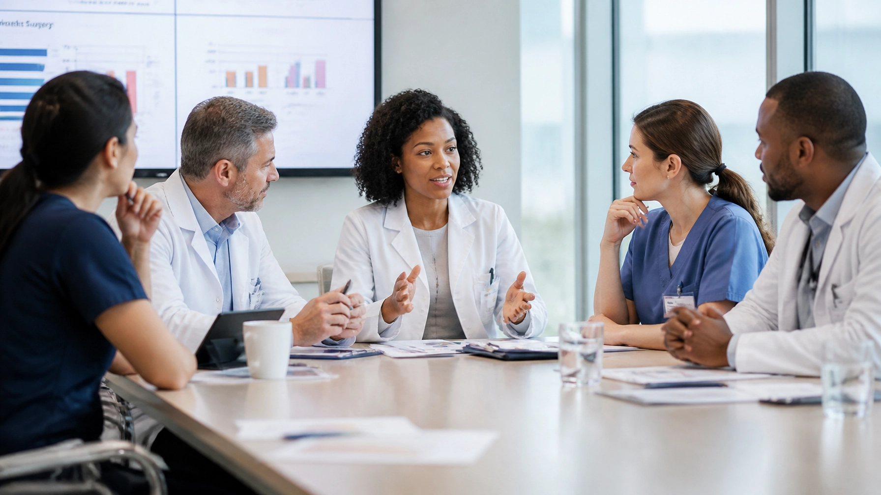 Professional corporate photography of healthcare professionals discussing patient care strategy in a bright modern boardroom