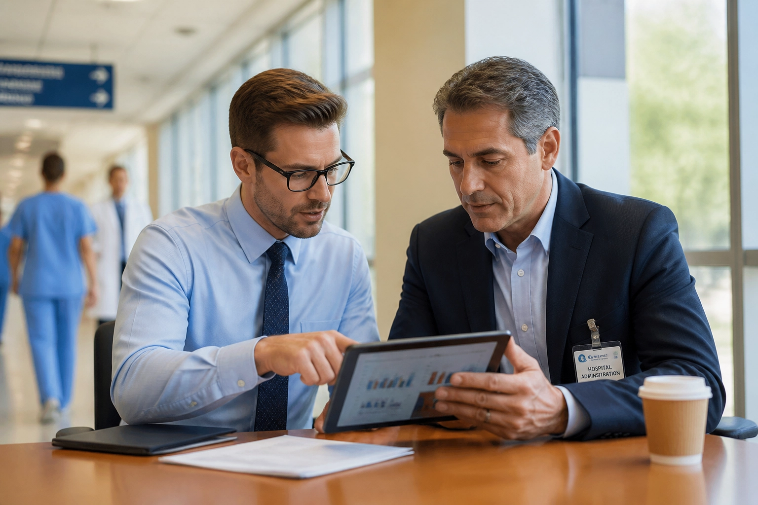 Healthcare staffing consultant and administrator analyzing performance data for hospital optimization. Healthcare staffing consultant and administrator analyzing performance data for hospital optimization.