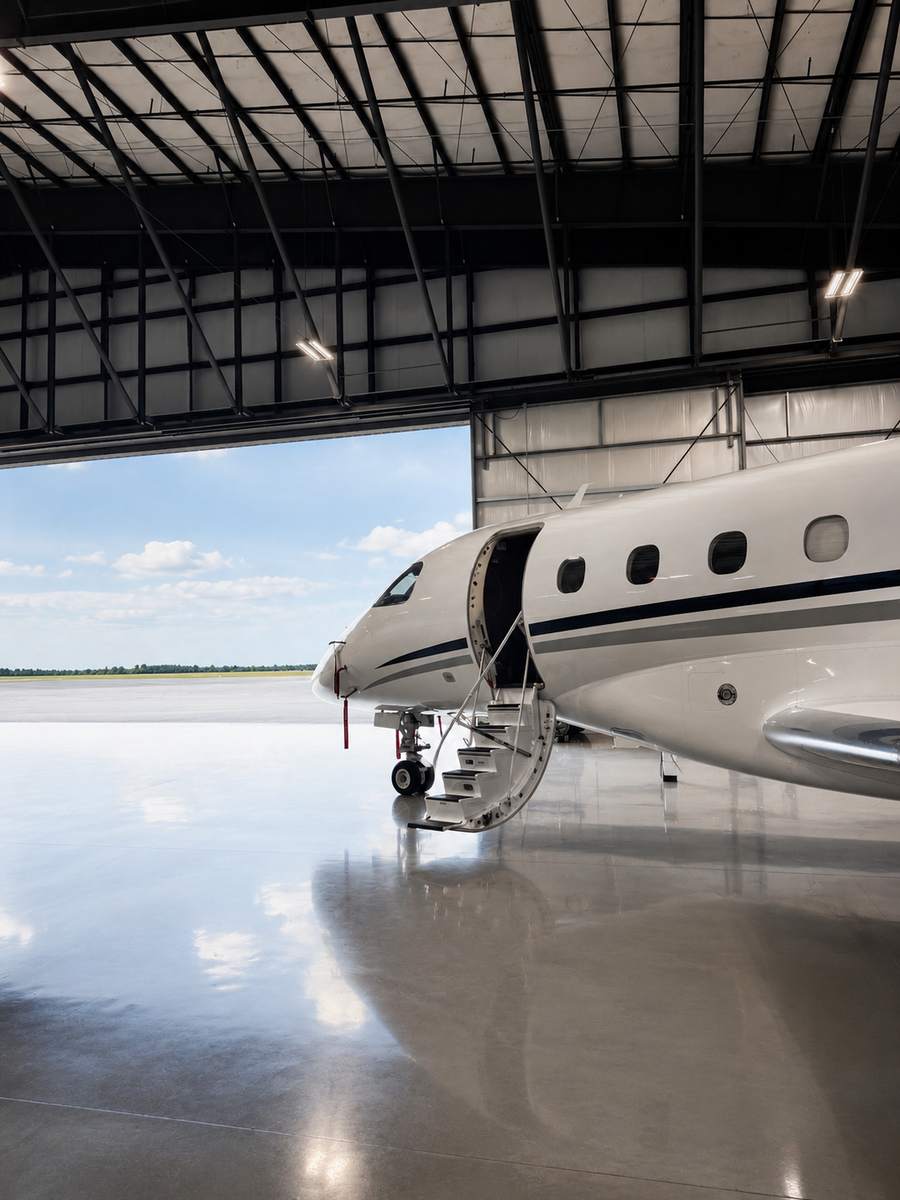 Guest-ready jet with airstair down in the hangar