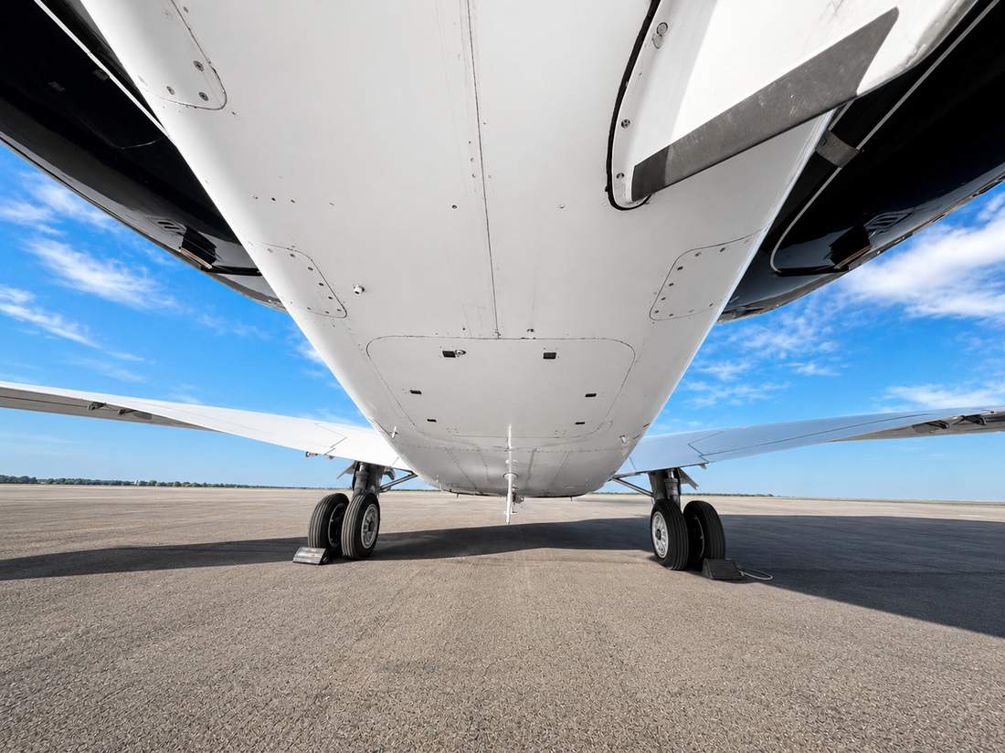 Freshly washed underside of a business jet